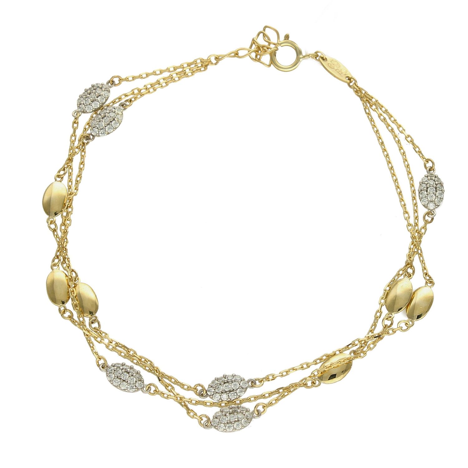 Złota bransoletka potrójny łańcuszek z błyszczącą cyrkonią BR 4362.jpg